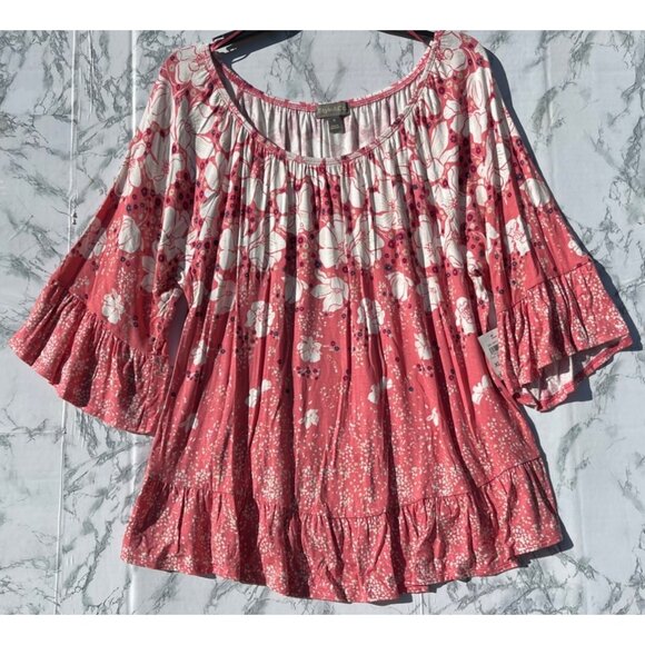 Style & Co. Tops - Style & Co Womens Floral Bell Sleeve Top XL Dot Pink Rayon/Spandex